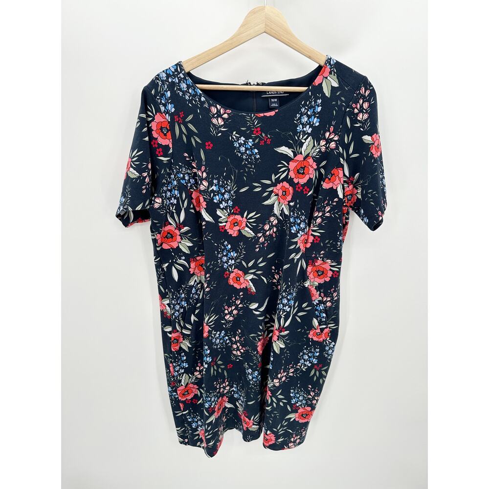 Land's End Blue Coral Floral Sheath Dress Faux Pockets Short Sleeve Women 16W